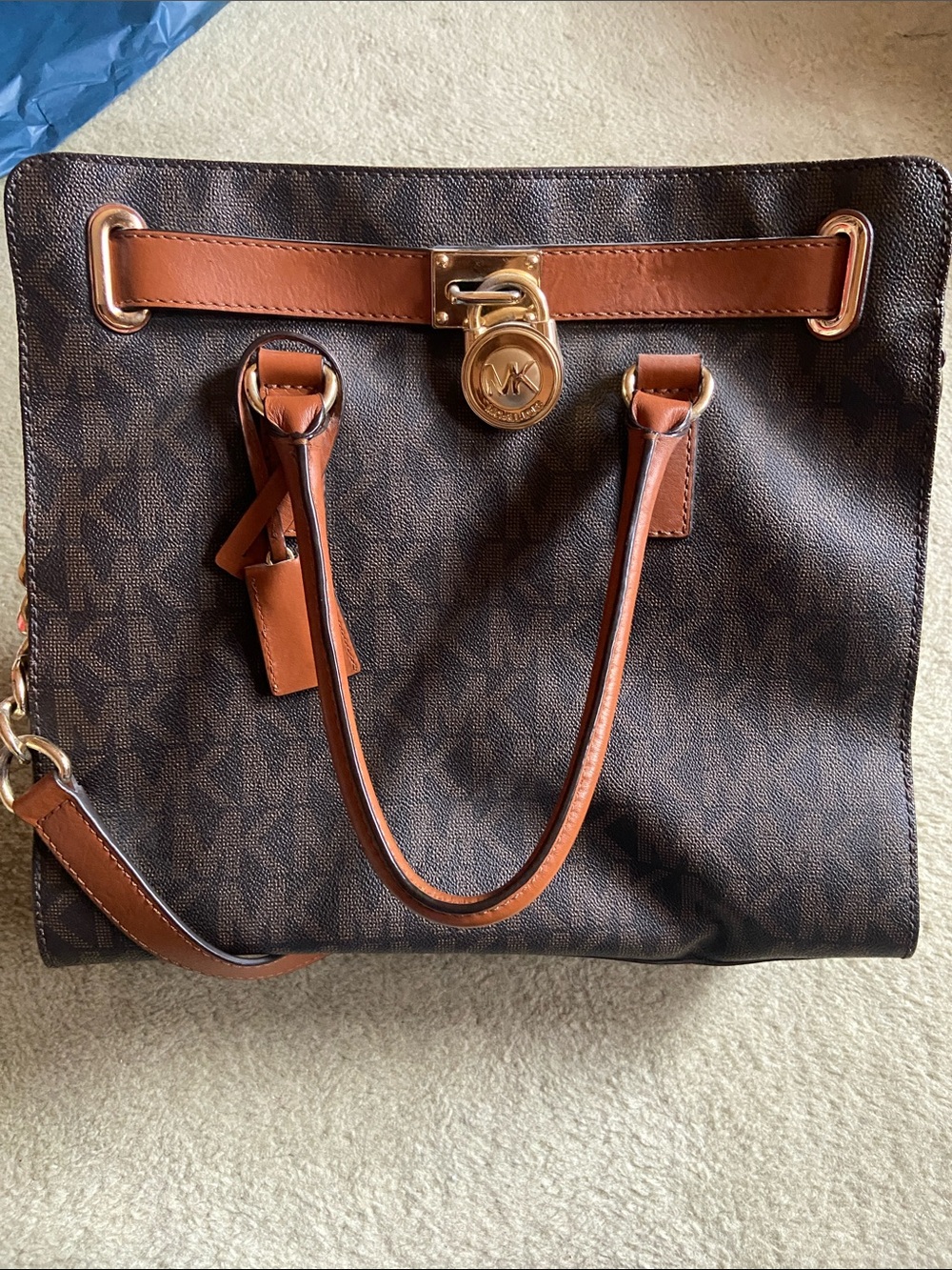 Michael Kors Brown Signature Tote with Tan Trim and Gold Hardware